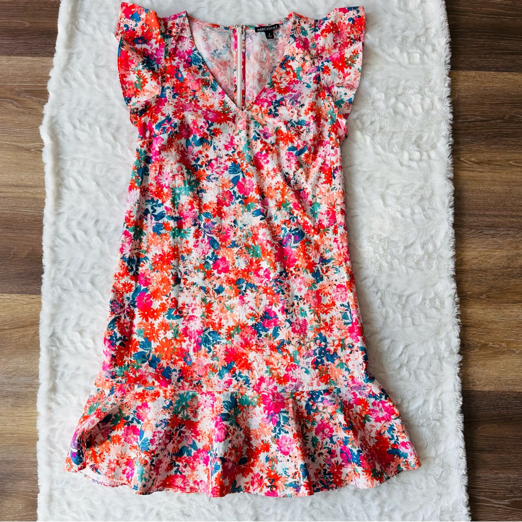 J Crew Mercantile Colorful Vacation Ready Floral Print Ruffled Flutter Dress
